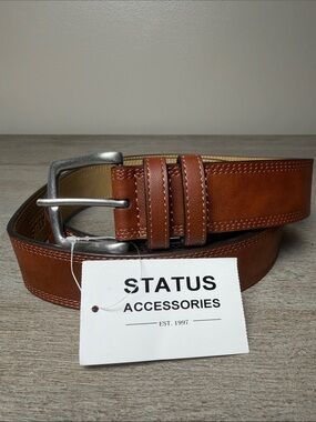 Status Men's Cognac Leather Belt with Silver Buckle